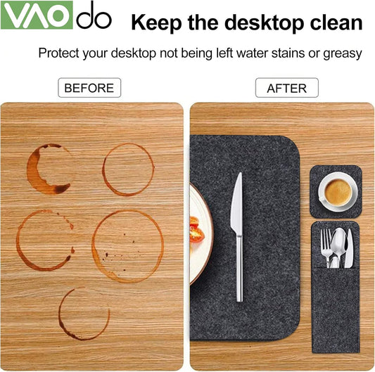 VAODO 24 Pcs Felt Placemats for Dining Table, Non-Slip and Heat-Resistant Placemats Set of 8, Contains 8 Placemats, 8 Coasters and 8 Cutlery Bags, Suitable for Gathering, Friends Party, Dark Gray