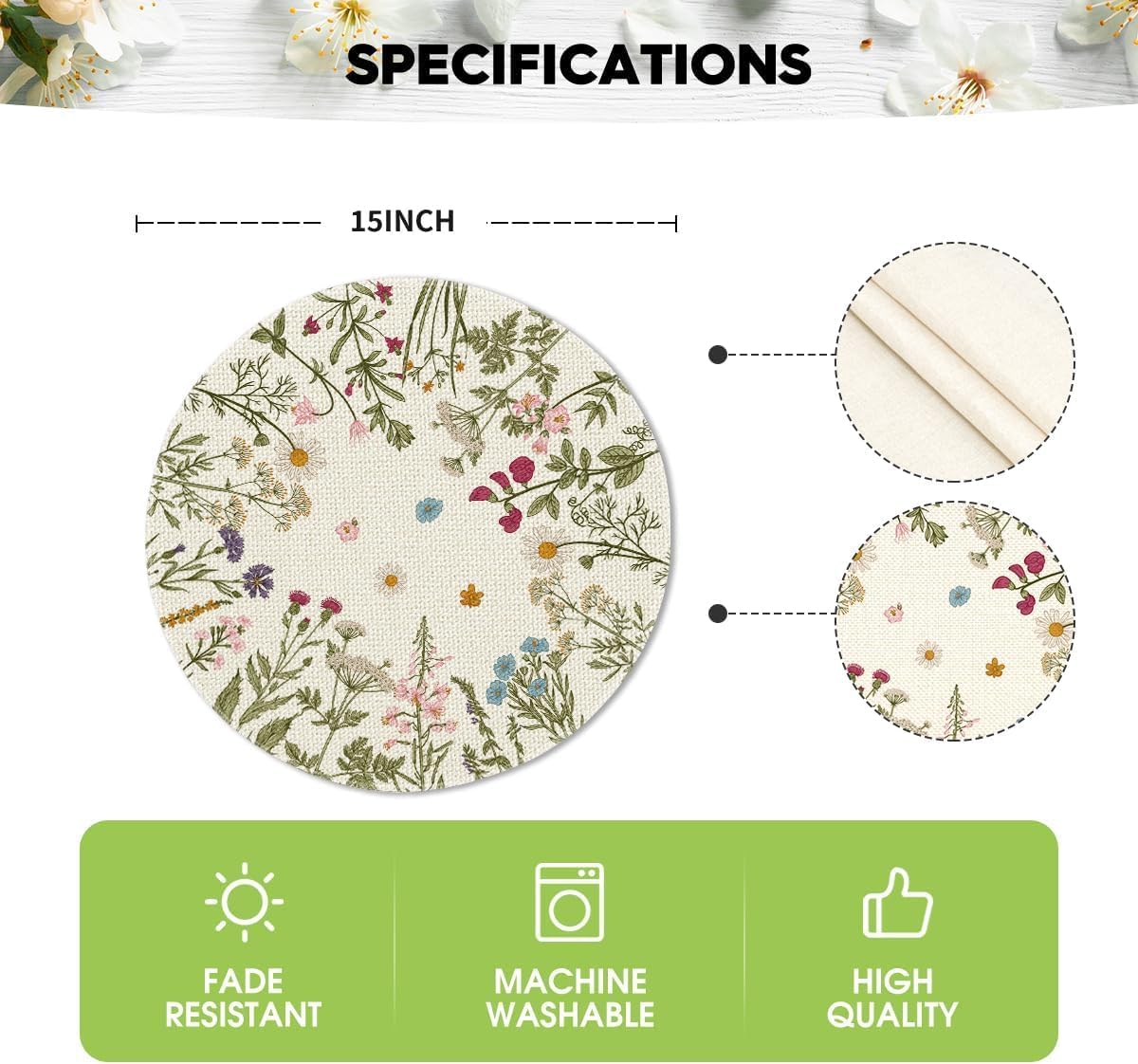 Round Placemats Set of 4, 14 Inch Quilted Cloth Table Mats for Dining Table Decoration, Antique Herbs Wild Flowers Lace Mats, Washable Fabric Place Mats for Indoor and Outdoor Use