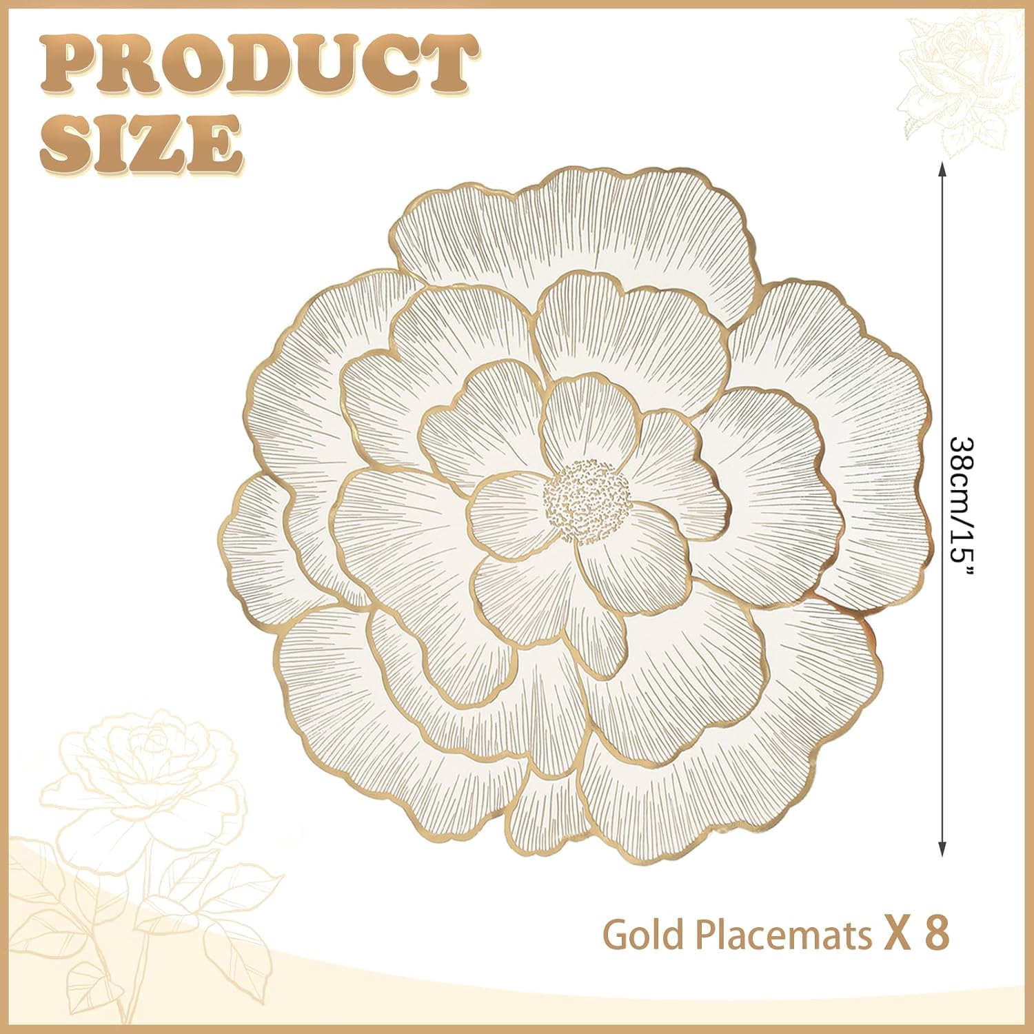 Gold Placemats Set of 8, Rose Round, 15 Inch Non-Slip Wipeable Table Mats for Dining Table, Wedding, Party Decorations