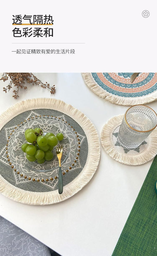 Set of 6 Boho Round Placemats, 13 Inch Mandala Woven Table Mats for Dining Table with Tassels - Heat Resistant & Machine Washable Cotton Decor for Farmhouse, Kitchen, Wedding, Party