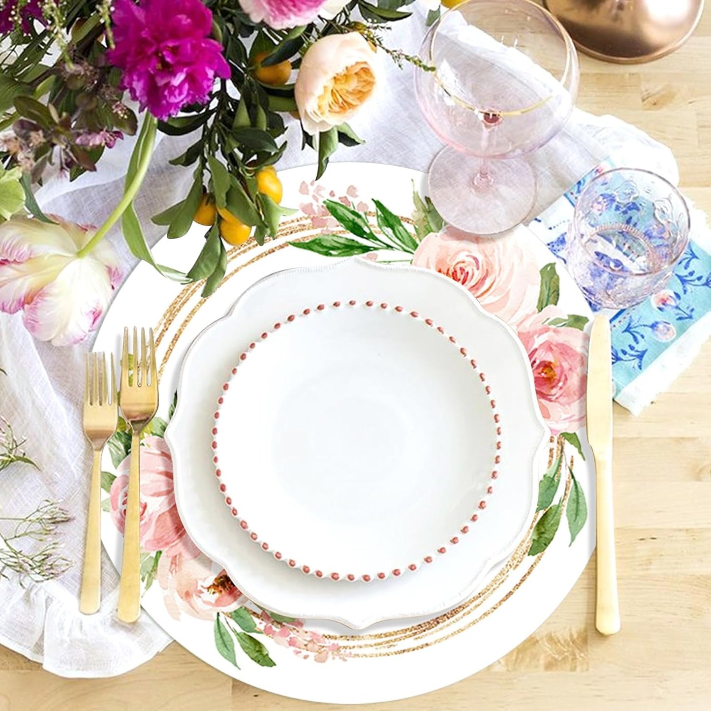 6 Pcs Pink Rose Floral Round Placemats, Washable Plastic Place Mats Spring Summer Floral Table Mats for Indoor Outdoor Kitchen Restaurant Party Wedding Anniversary Decoration(13.4 Inch)