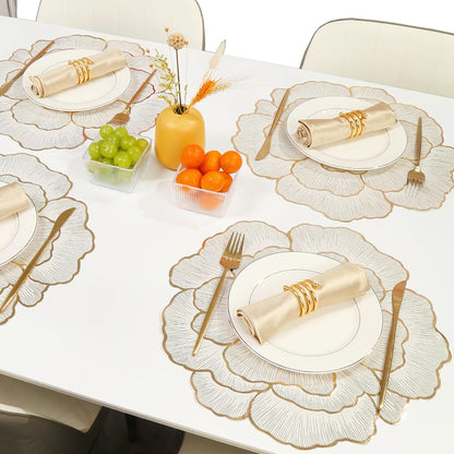 Gold Placemats Set of 8, Rose Round, 15 Inch Non-Slip Wipeable Table Mats for Dining Table, Wedding, Party Decorations
