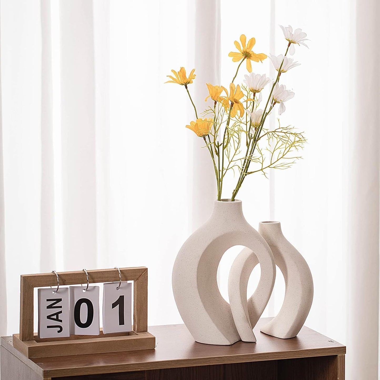 Off White Hollow Ceramic Vase, Round Modern Vase for Nordic Minimalist Book Style Shelf Decor, Donut Boho Aesthetic Vases for Trendy Home Living Room