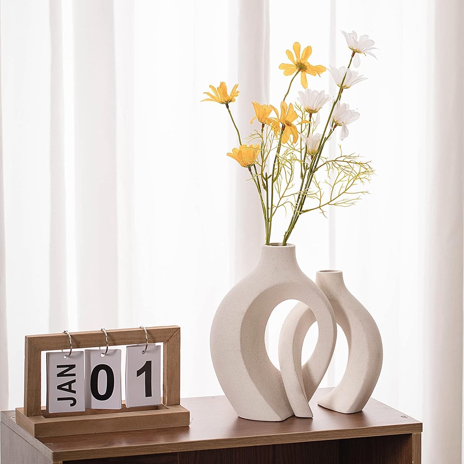 Off White Hollow Ceramic Vase, Round Modern Vase for Nordic Minimalist Book Style Shelf Decor, Donut Boho Aesthetic Vases for Trendy Home Living Room
