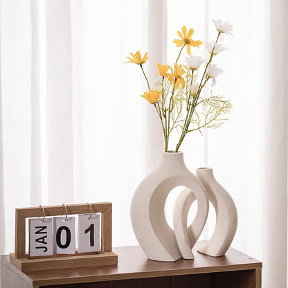 Off White Hollow Ceramic Vase, Round Modern Vase for Nordic Minimalist Book Style Shelf Decor, Donut Boho Aesthetic Vases for Trendy Home Living Room
