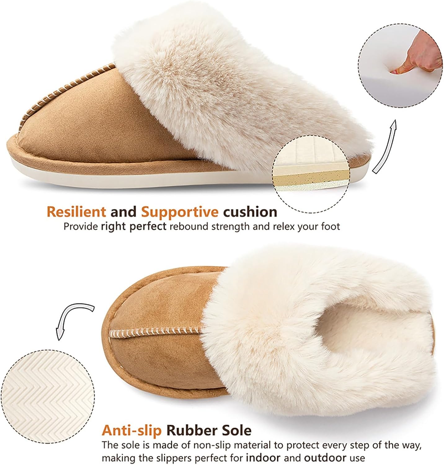 Women's Winter Slippers Plush Fuzzy House Bedroom Slippers, Warm Non-Slip Indoor Outdoor Shoes for Couples