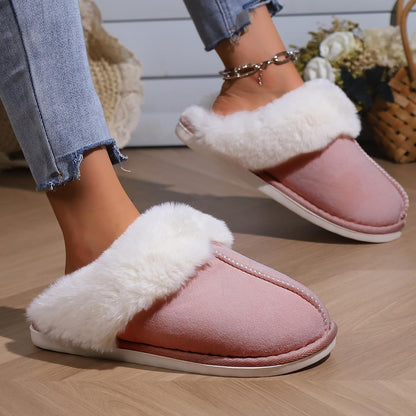 LIWEGHT Fuzzy Memory Foam Slippers for Women Men - Fluffy Winter House Suede With Faux Fur Collar - Indoor Outdoor