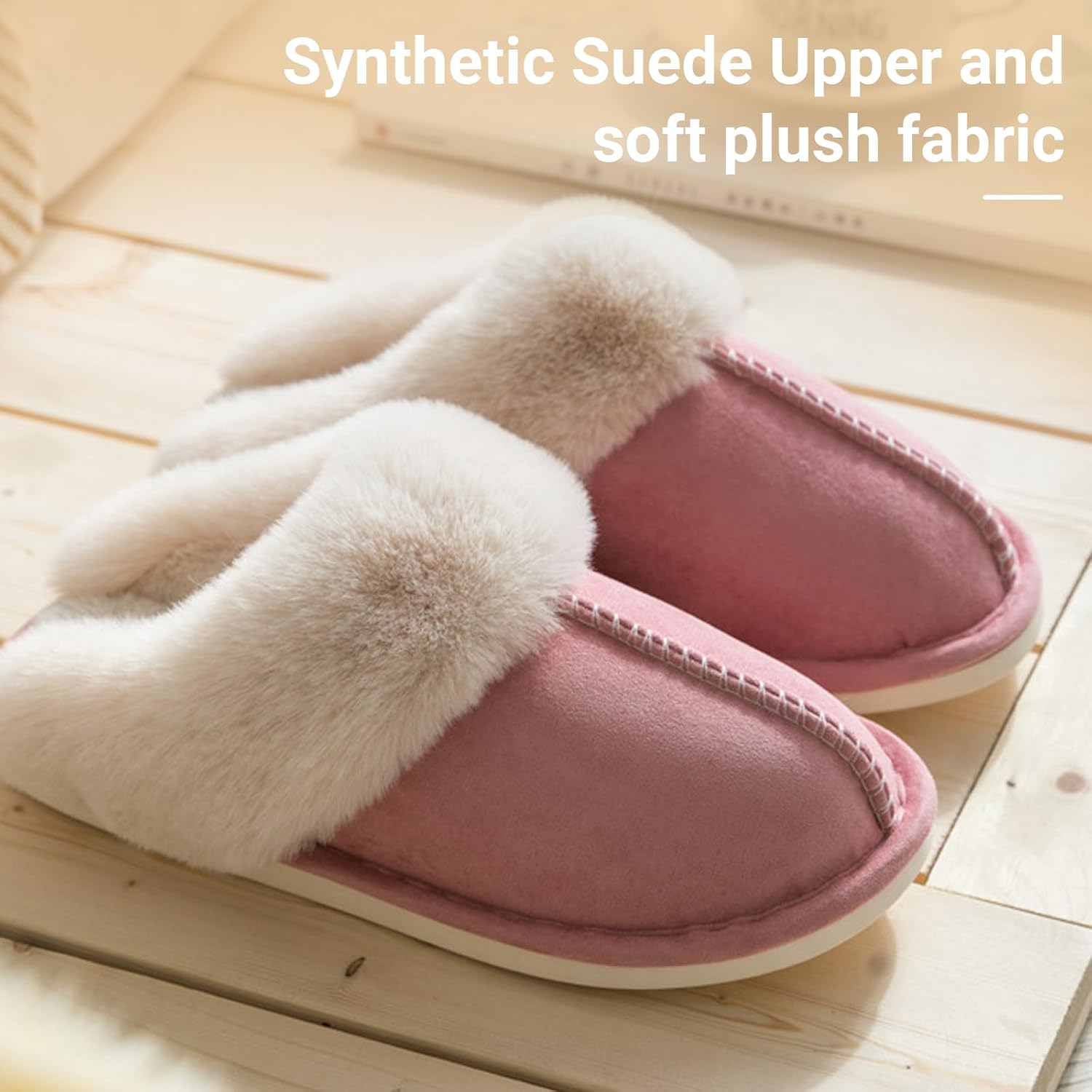 LIWEGHT Fuzzy Memory Foam Slippers for Women Men - Fluffy Winter House Suede With Faux Fur Collar - Indoor Outdoor