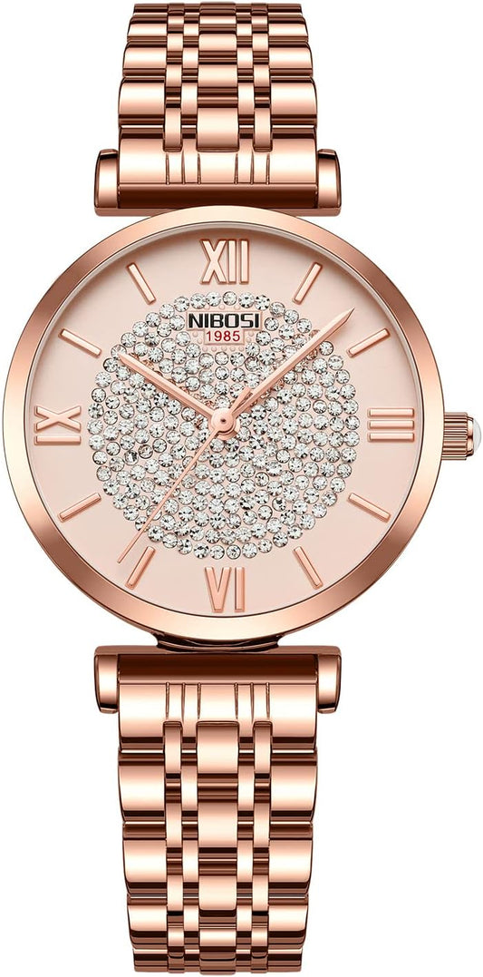 NIBOSI Women's Watch Analog Quartz Rose Gold Diamond Wrist Watch for Ladies Stylish Stainless Steel Watch Girl Gift