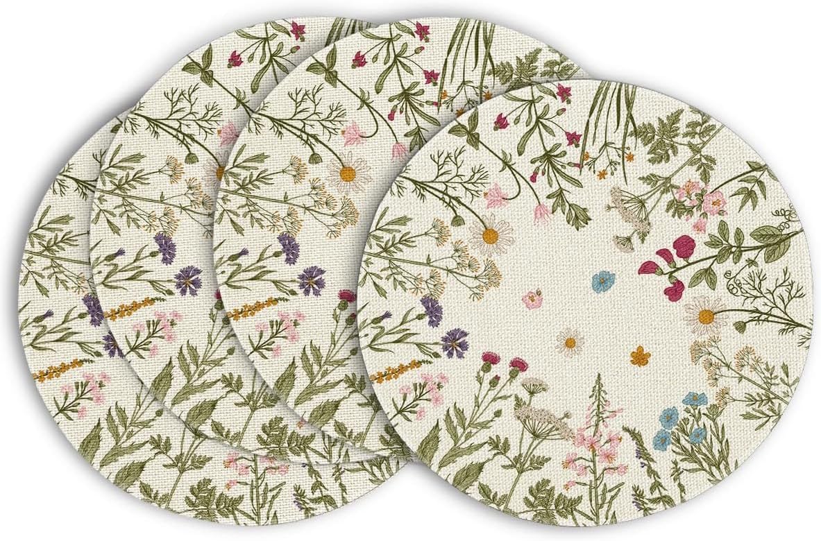 Round Placemats Set of 4, 14 Inch Quilted Cloth Table Mats for Dining Table Decoration, Antique Herbs Wild Flowers Lace Mats, Washable Fabric Place Mats for Indoor and Outdoor Use