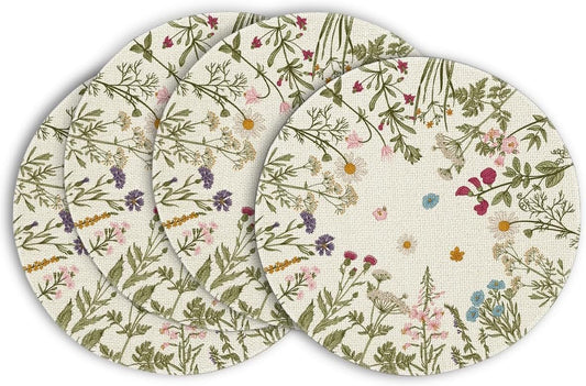 Round Placemats Set of 4, 14 Inch Quilted Cloth Table Mats for Dining Table Decoration, Antique Herbs Wild Flowers Lace Mats, Washable Fabric Place Mats for Indoor and Outdoor Use