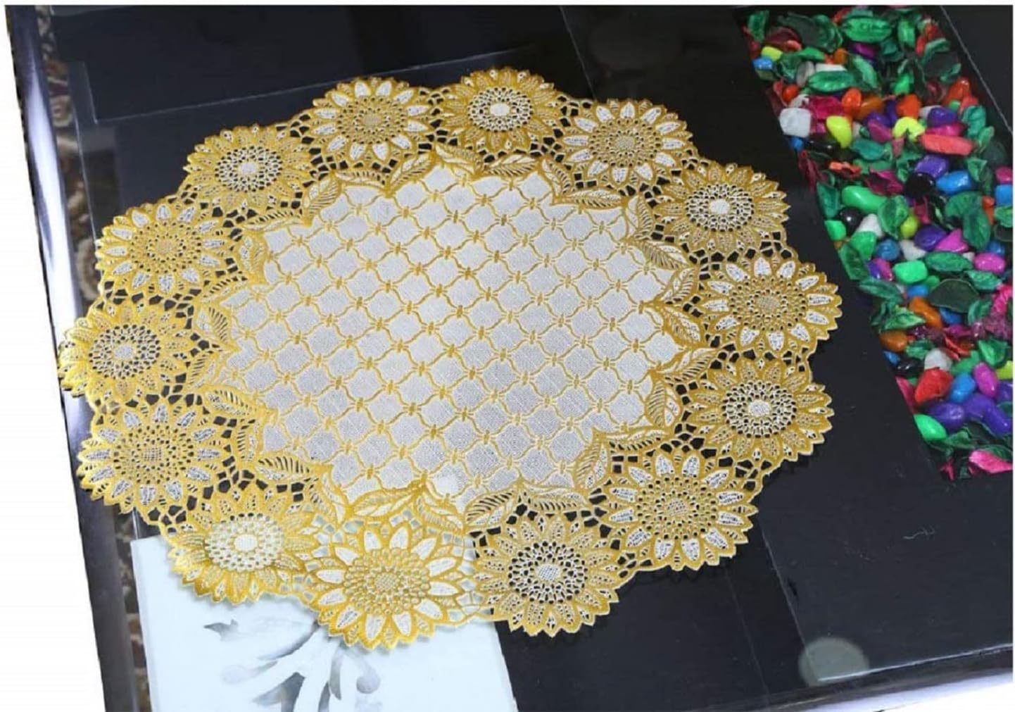 Kuber Industries Floral Design Virgin Viny Soft Fabric 6 Pieces Dining Table Round Placemat Set, Gold - CTKTC045907(Microfibre)