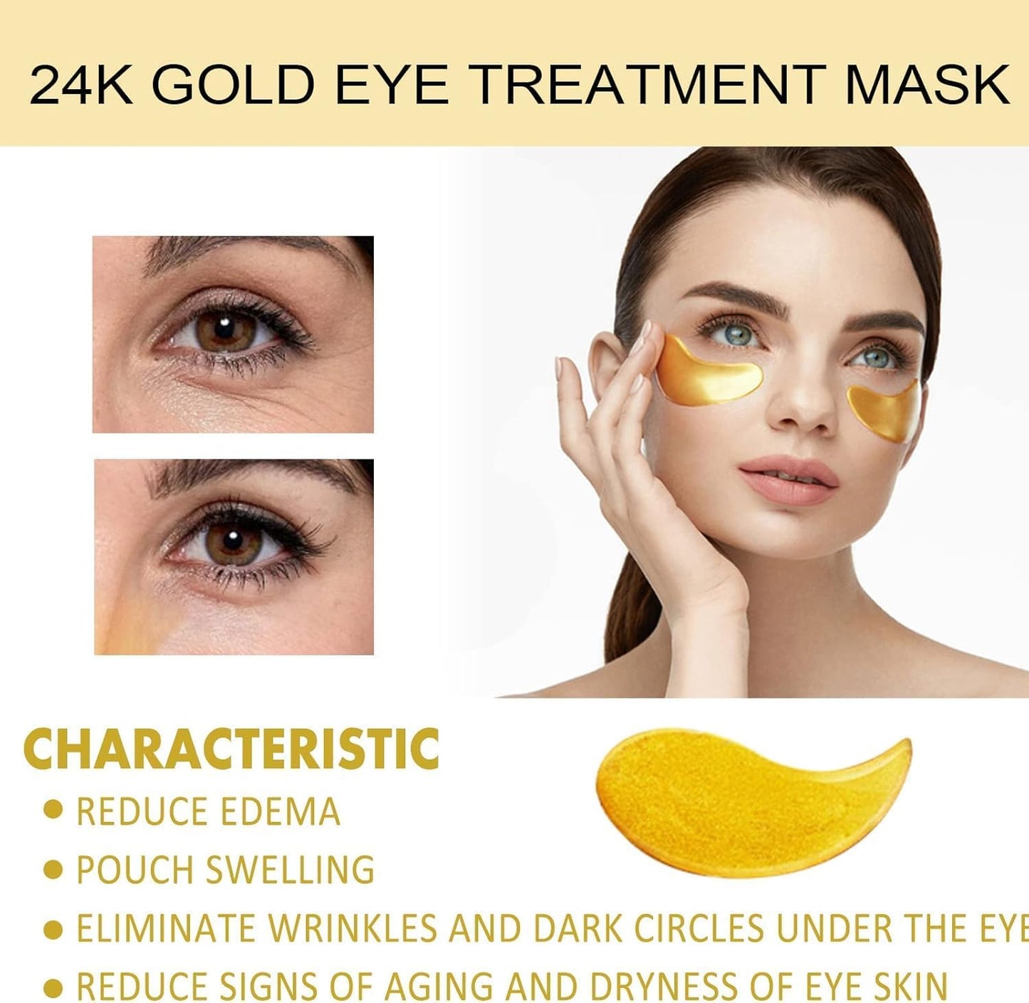 Luxurious 24k Gold Eye Treatment Mask - Collagen & Hyaluronic Acid Enriched, Reduces Dark Circles, Puffiness, and Wrinkles, Provides Long-Lasting Moisturizing Effect, Enhances Eye Area Glow