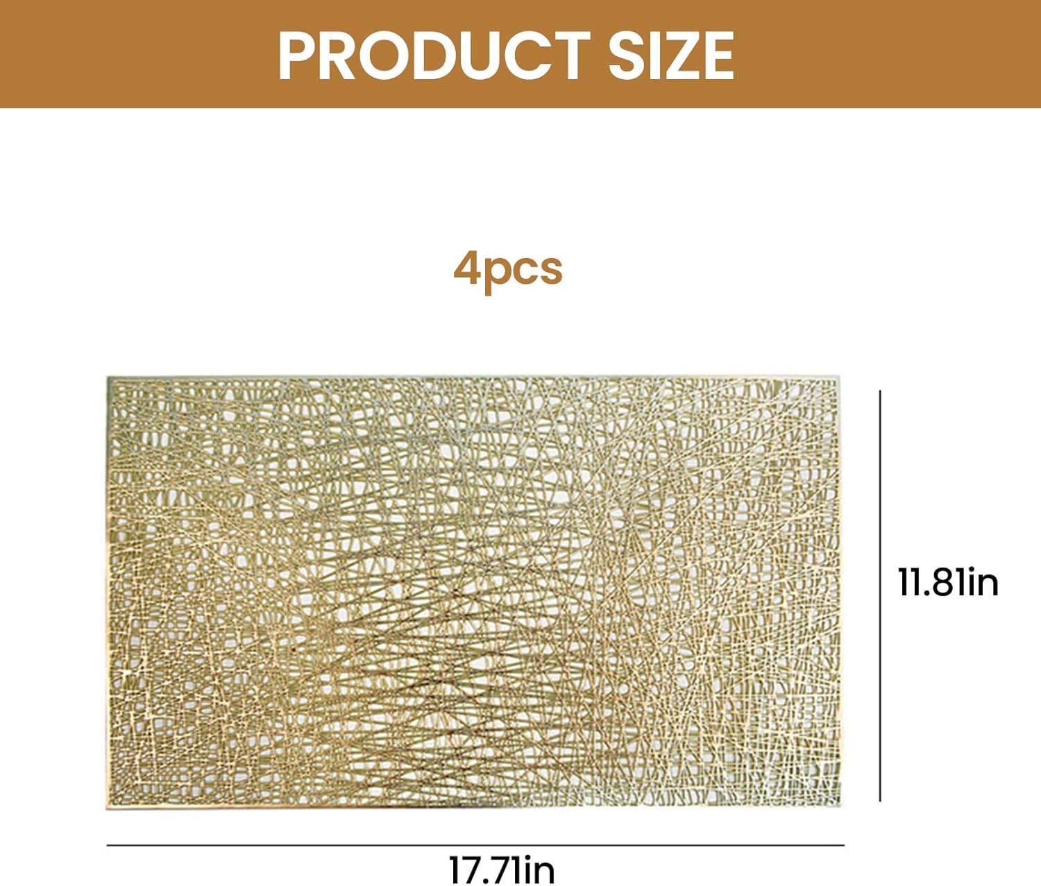 Gold Rectangle Placemats Set of 4, 12‘’ x 17‘’Vinyl Placemats Wipeable,Easy to Clean Non Slip Stain Heat Resistant Washable,Morden Luxury Placemats for Dining, Wedding, Party, Festival(Gold)