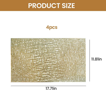Gold Rectangle Placemats Set of 4, 12‘’ x 17‘’Vinyl Placemats Wipeable,Easy to Clean Non Slip Stain Heat Resistant Washable,Morden Luxury Placemats for Dining, Wedding, Party, Festival(Gold)