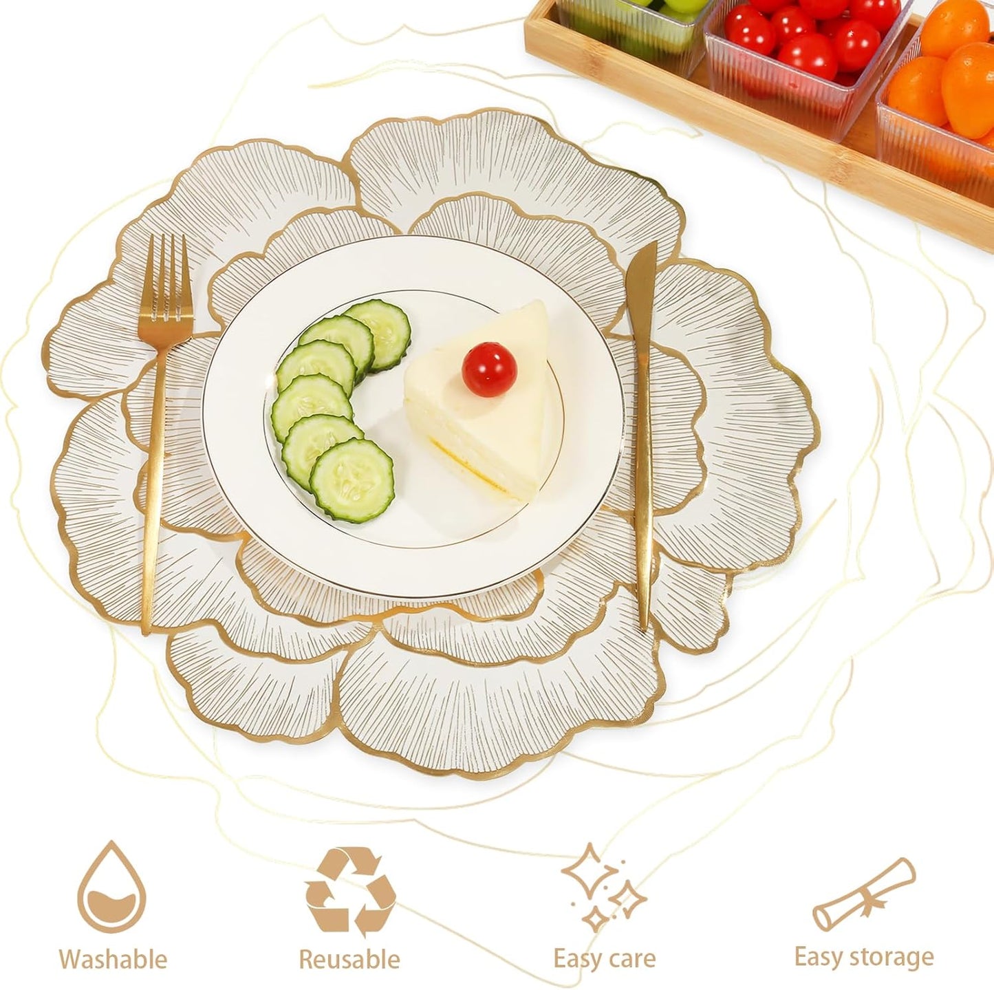 Gold Placemats Set of 8, Rose Round, 15 Inch Non-Slip Wipeable Table Mats for Dining Table, Wedding, Party Decorations