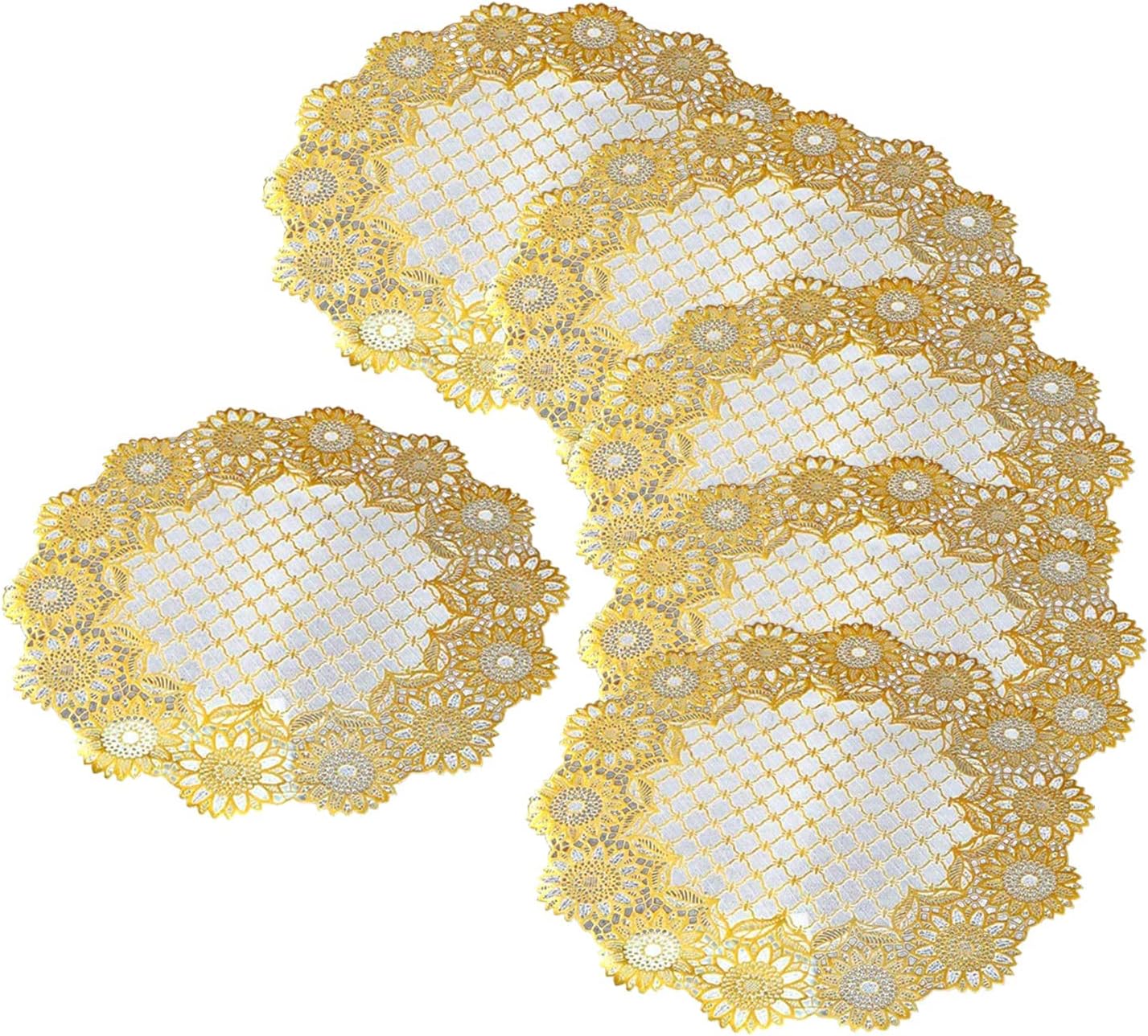 Kuber Industries Floral Design Virgin Viny Soft Fabric 6 Pieces Dining Table Round Placemat Set, Gold - CTKTC045907(Microfibre)