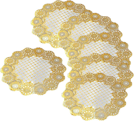 Kuber Industries Floral Design Virgin Viny Soft Fabric 6 Pieces Dining Table Round Placemat Set, Gold - CTKTC045907(Microfibre)