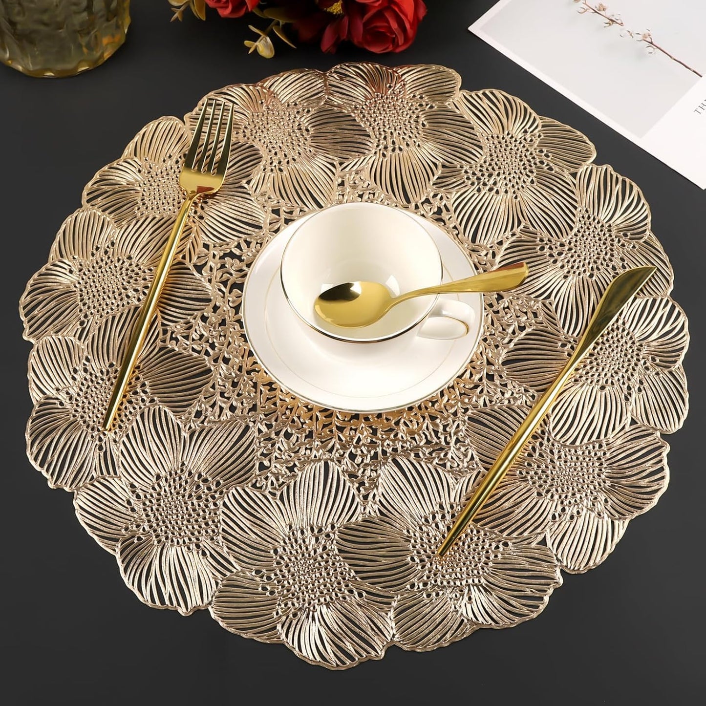 NALACAL Gold Round Placemats for Dining Table, Set of 6 Non-Slip Vinyl Mats, Washable Hollow Out Metallic Place Mats for Wedding Party Dining Table Kitchen Decorations