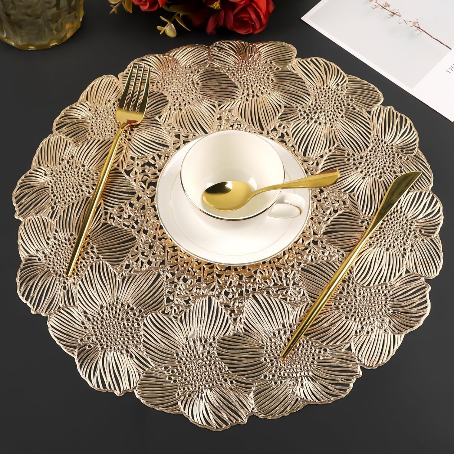 NALACAL Gold Round Placemats for Dining Table, Set of 6 Non-Slip Vinyl Mats, Washable Hollow Out Metallic Place Mats for Wedding Party Dining Table Kitchen Decorations