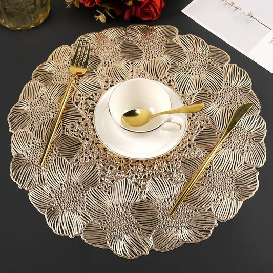 NALACAL Gold Round Placemats for Dining Table, Set of 6 Non-Slip Vinyl Mats, Washable Hollow Out Metallic Place Mats for Wedding Party Dining Table Kitchen Decorations