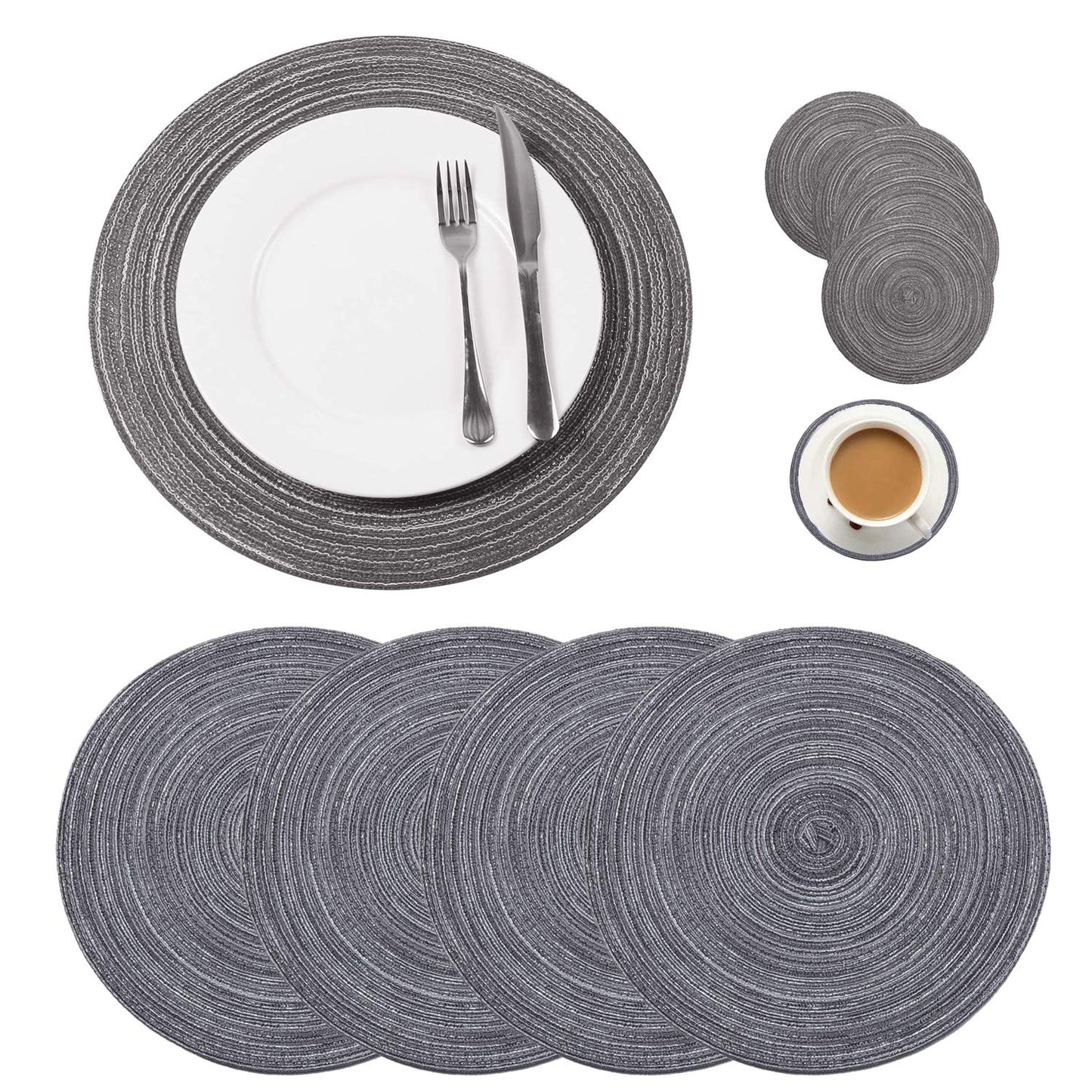 Round Braided Placemats Set of 4, Woven Heat Resistant Washable Kitchen Table Mats with 4 Coasters for Dining Home Wedding Outdoor Party (Beige)