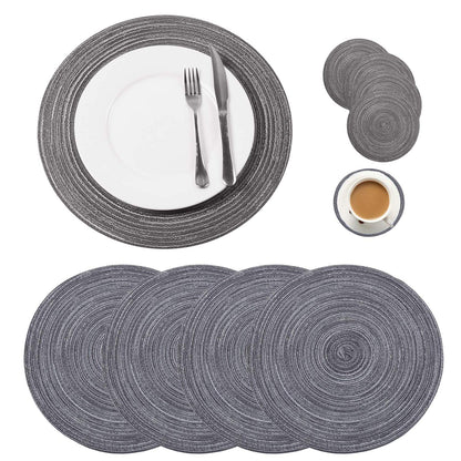 Round Braided Placemats Set of 4, Woven Heat Resistant Washable Kitchen Table Mats with 4 Coasters for Dining Home Wedding Outdoor Party (Beige)