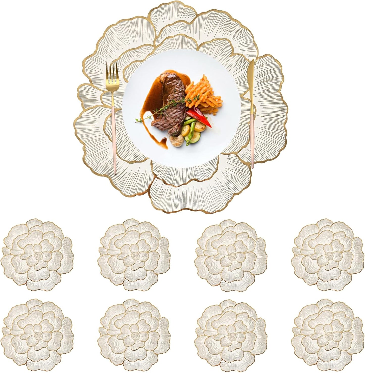 Gold Placemats Set of 8, Rose Round, 15 Inch Non-Slip Wipeable Table Mats for Dining Table, Wedding, Party Decorations