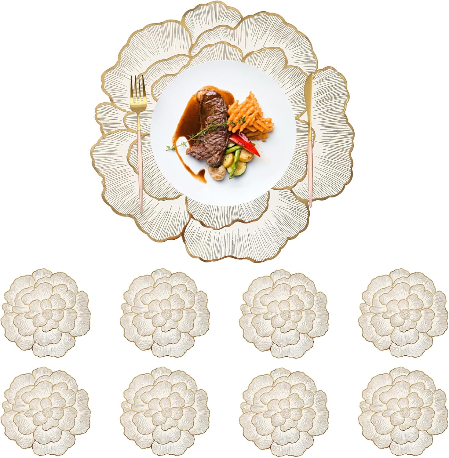 Gold Placemats Set of 8, Rose Round, 15 Inch Non-Slip Wipeable Table Mats for Dining Table, Wedding, Party Decorations