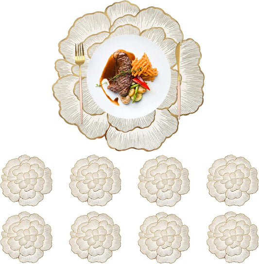 Gold Placemats Set of 8, Rose Round, 15 Inch Non-Slip Wipeable Table Mats for Dining Table, Wedding, Party Decorations