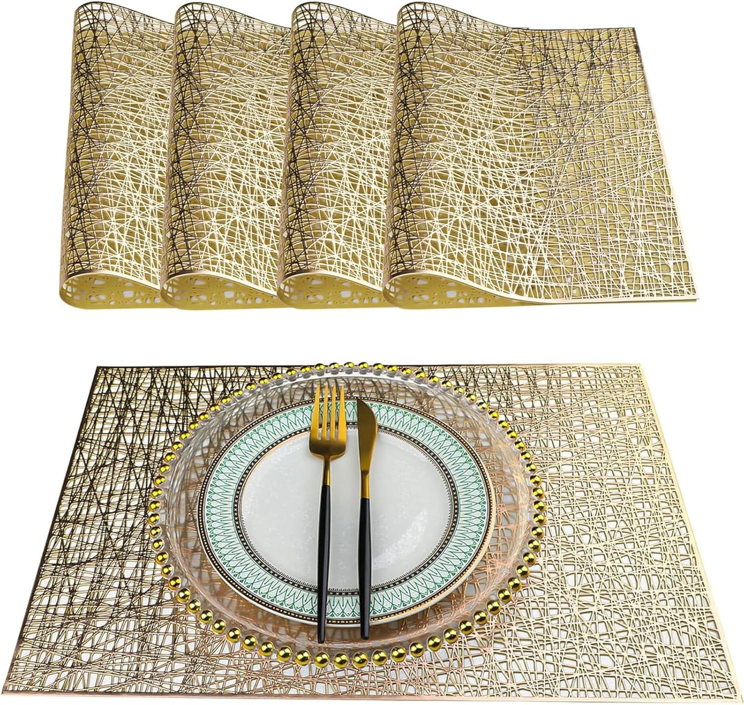 Gold Rectangle Placemats Set of 4, 12‘’ x 17‘’Vinyl Placemats Wipeable,Easy to Clean Non Slip Stain Heat Resistant Washable,Morden Luxury Placemats for Dining, Wedding, Party, Festival(Gold)