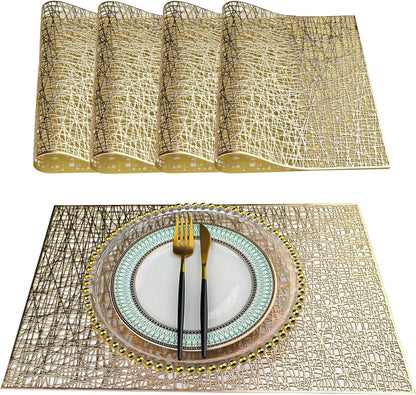 Gold Rectangle Placemats Set of 4, 12‘’ x 17‘’Vinyl Placemats Wipeable,Easy to Clean Non Slip Stain Heat Resistant Washable,Morden Luxury Placemats for Dining, Wedding, Party, Festival(Gold)