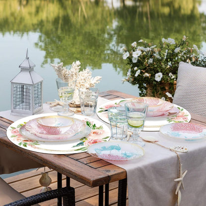 6 Pcs Pink Rose Floral Round Placemats, Washable Plastic Place Mats Spring Summer Floral Table Mats for Indoor Outdoor Kitchen Restaurant Party Wedding Anniversary Decoration(13.4 Inch)