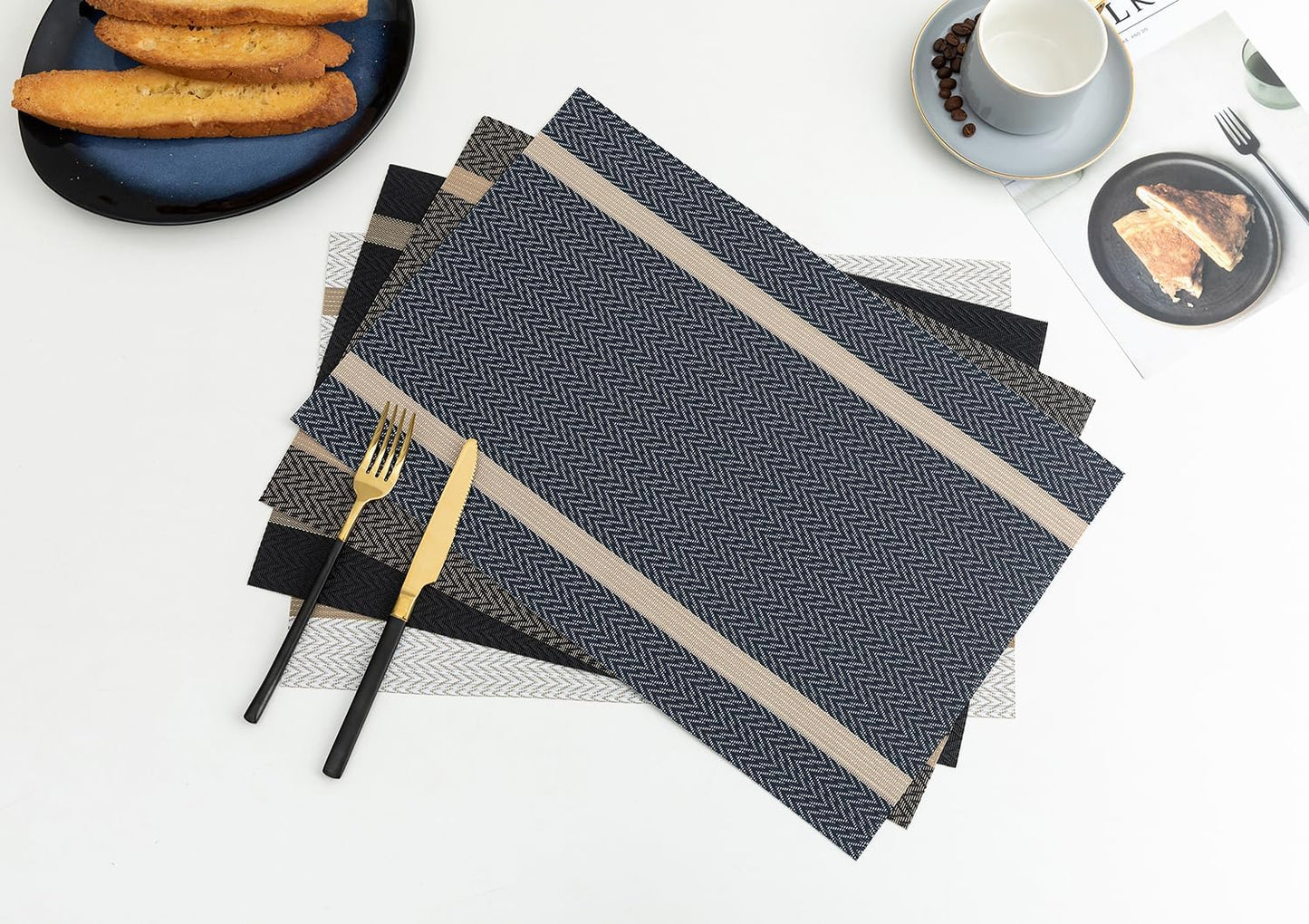 Black Placemats Set of 6 - Washable Easy Clean Vinyl Placemats - Heat Resistant PVC Place Mats - Table Mats for Dining Table (Black Gold Arrow Pattern)