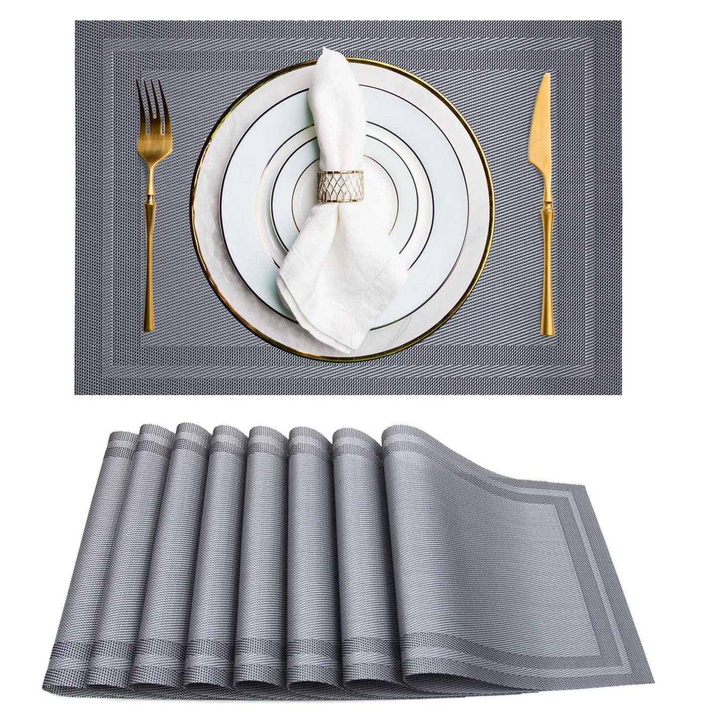 Set of 8 Placemats, Non-Slip Crossweave Woven Vinyl Insulation Placemat Washable Table Mats 45x30cm (Champagne)