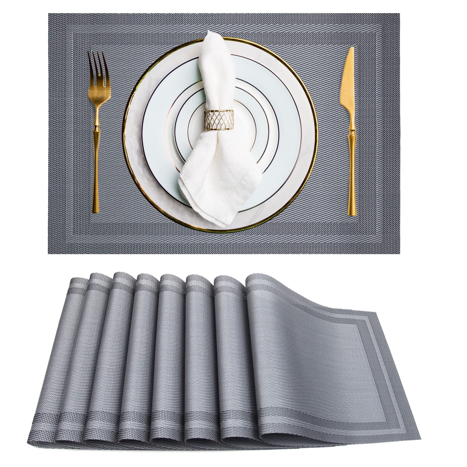 Set of 8 Placemats, Non-Slip Crossweave Woven Vinyl Insulation Placemat Washable Table Mats 45x30cm (Champagne)