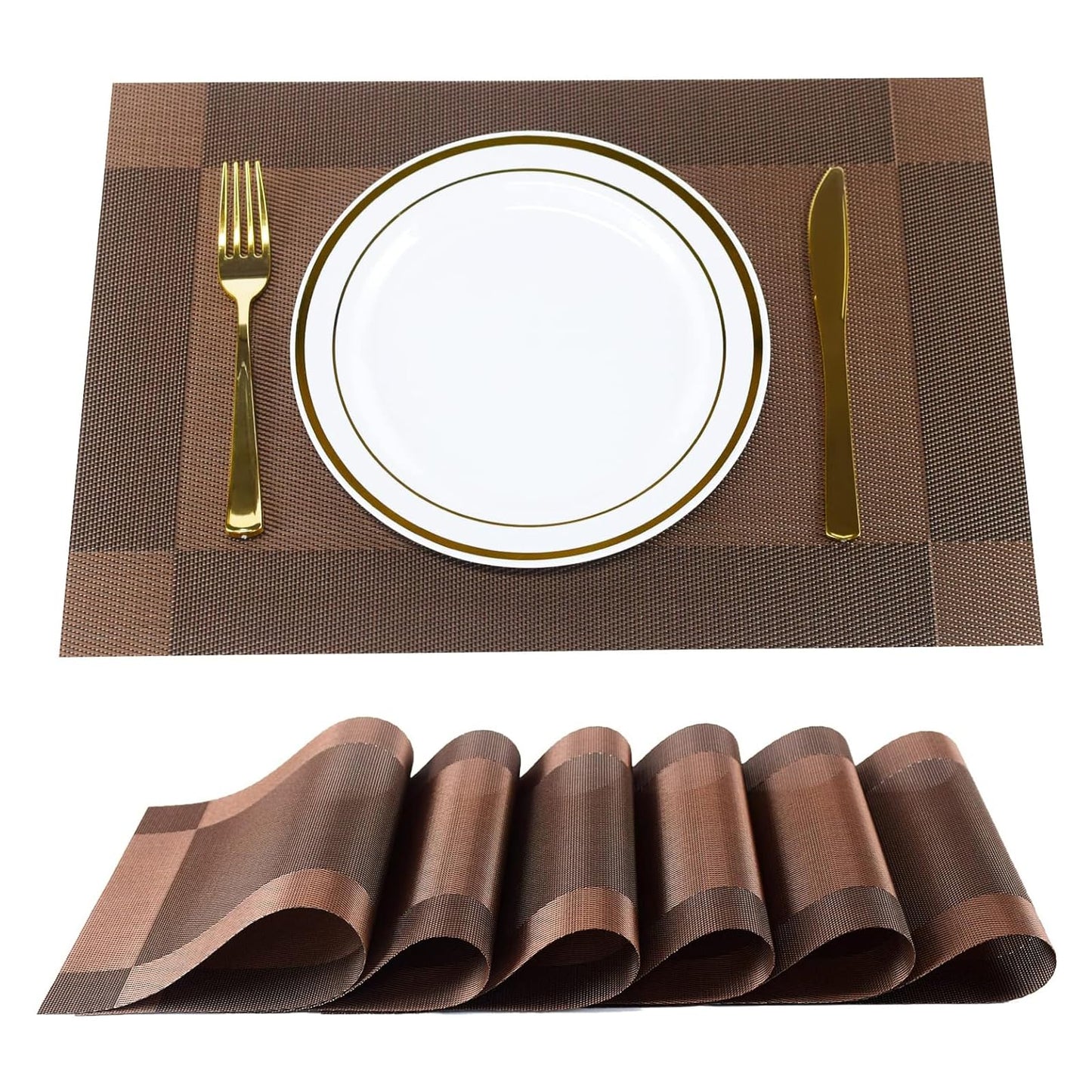 ST010460 Set of 6 Heat Resistant Table Mats, 45*30cm, Washable, Non-Slip PVC, Woven Vinyl Dinner Mats for Dining Table