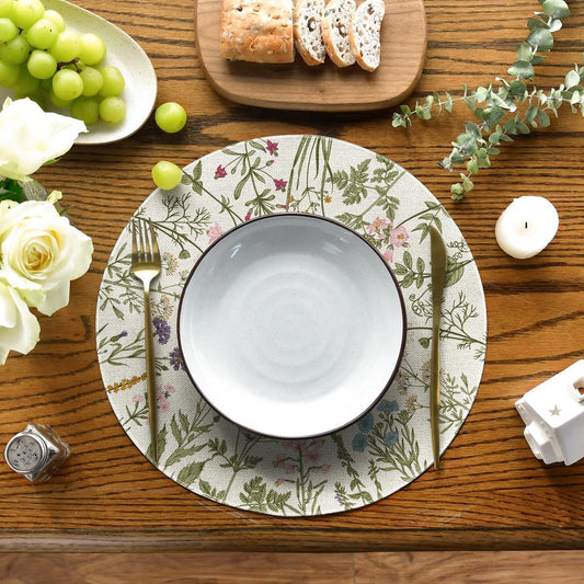 Round Placemats Set of 4, 14 Inch Quilted Cloth Table Mats for Dining Table Decoration, Antique Herbs Wild Flowers Lace Mats, Washable Fabric Place Mats for Indoor and Outdoor Use