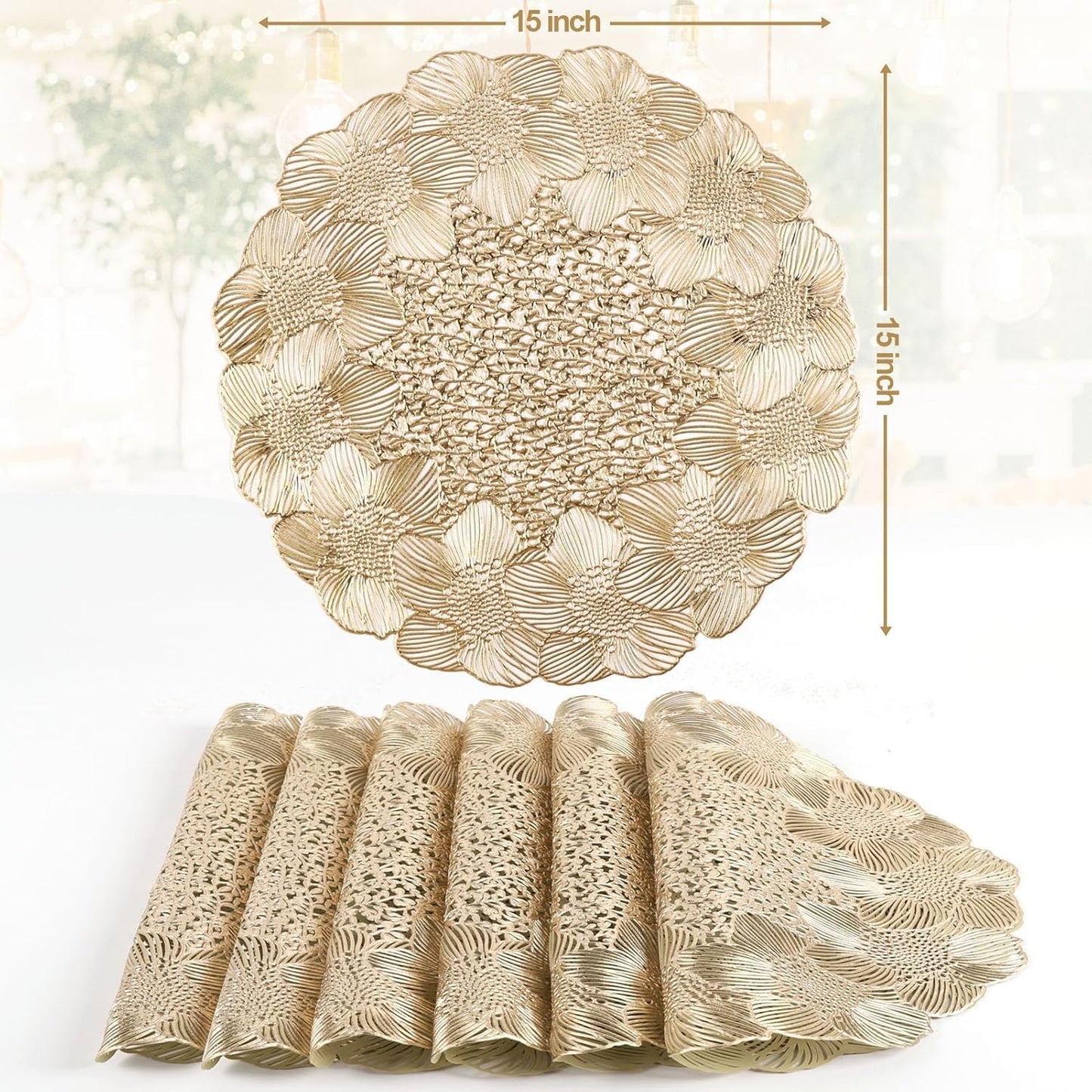 NALACAL Gold Round Placemats for Dining Table, Set of 6 Non-Slip Vinyl Mats, Washable Hollow Out Metallic Place Mats for Wedding Party Dining Table Kitchen Decorations