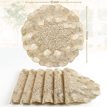 NALACAL Gold Round Placemats for Dining Table, Set of 6 Non-Slip Vinyl Mats, Washable Hollow Out Metallic Place Mats for Wedding Party Dining Table Kitchen Decorations