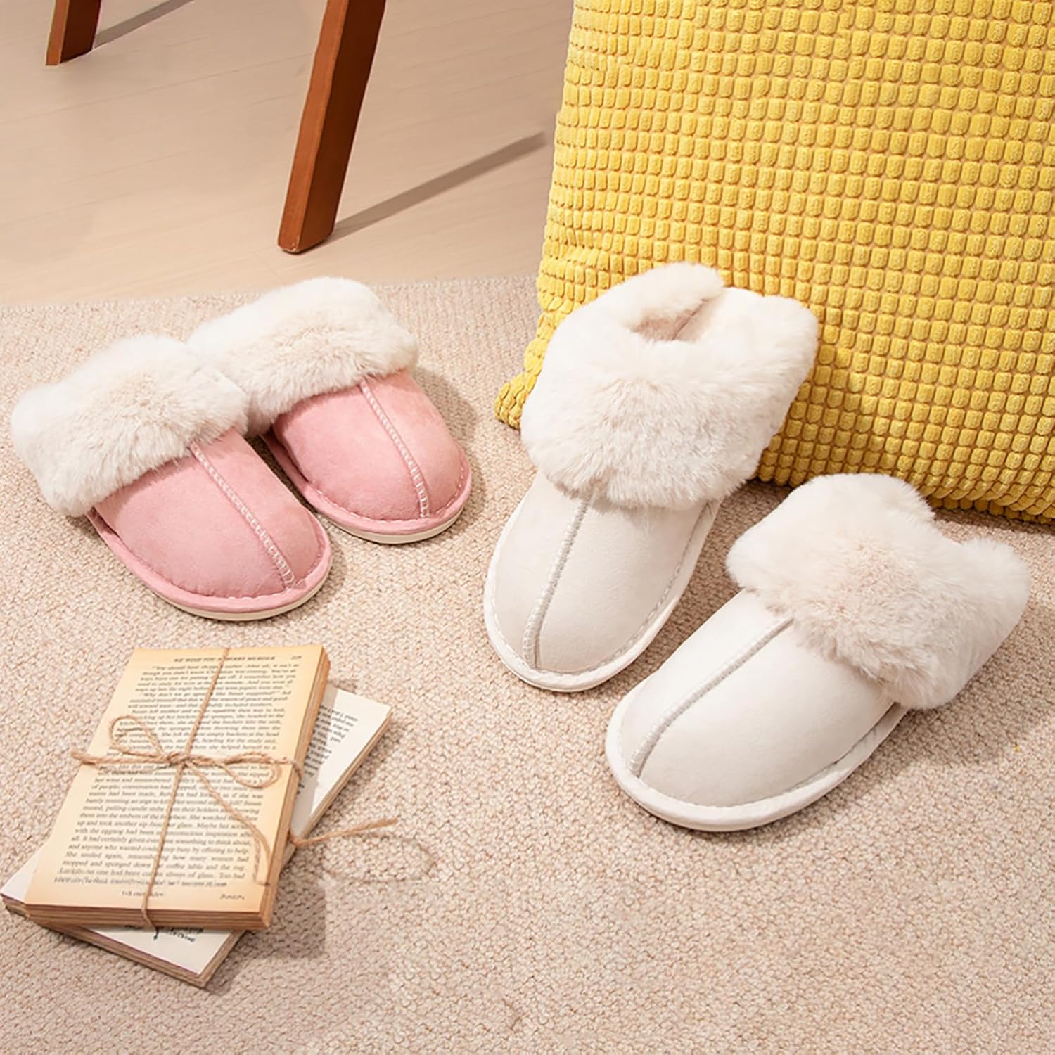 Women's Winter Slippers Plush Fuzzy House Bedroom Slippers, Warm Non-Slip Indoor Outdoor Shoes for Couples