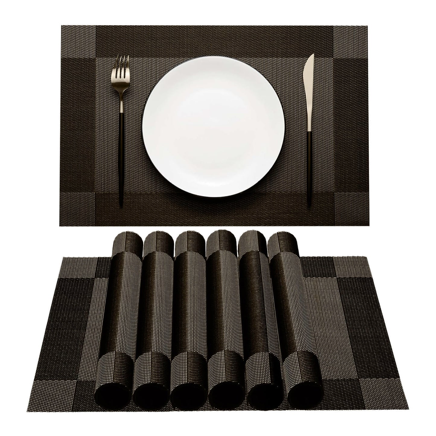 Elegant Placemats for Dining Table Set of 6, Heat Resistant Placemats, Washable Vinyl Woven Table Mats (22-04-6p)