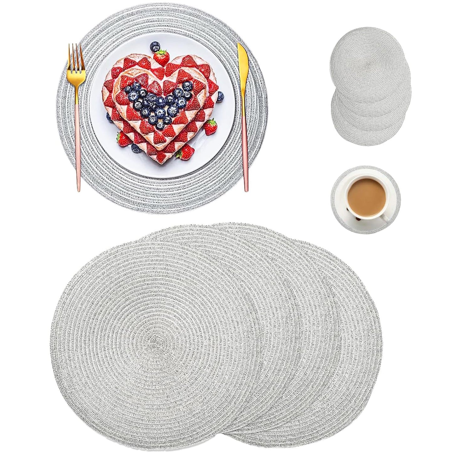 Round Braided Placemats Set of 4, Woven Heat Resistant Washable Kitchen Table Mats with 4 Coasters for Dining Home Wedding Outdoor Party (Beige)