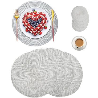 Round Braided Placemats Set of 4, Woven Heat Resistant Washable Kitchen Table Mats with 4 Coasters for Dining Home Wedding Outdoor Party (Beige)