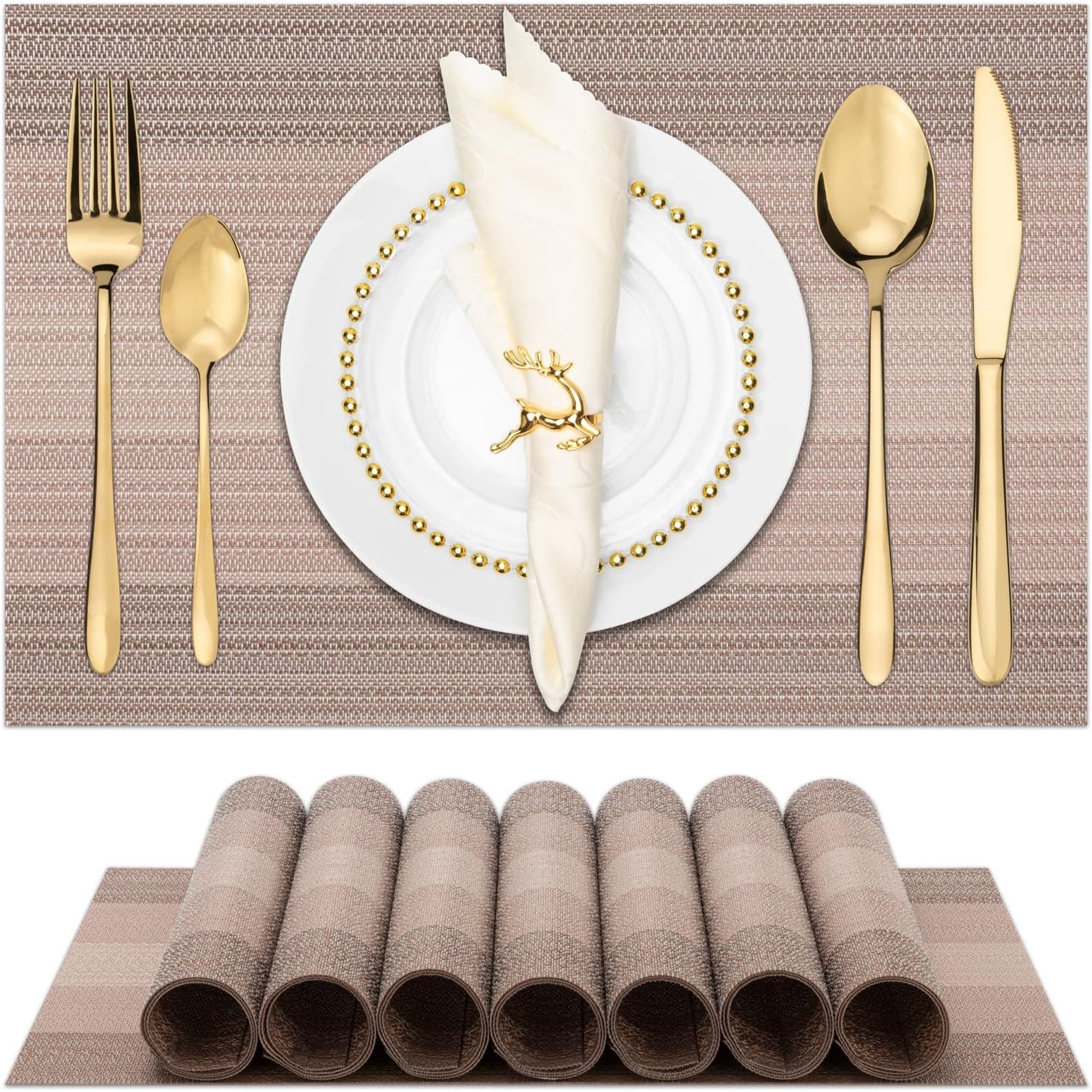 Placemats Set of 6 - Heat Resistant Non-Slip PVC, Washable Vinyl Dining Table Mats, 45x30cm, Stain Resistant & Machine Washable (Coffee Brown) | سجادة طاولة مقاومة للحرارة