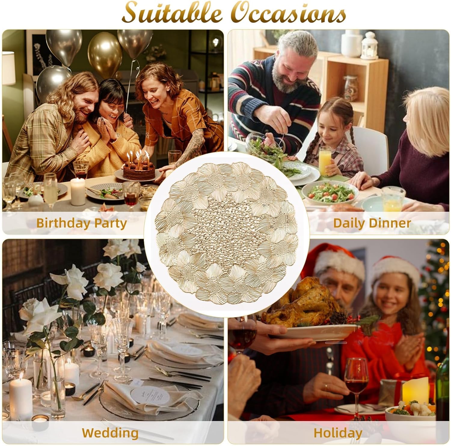 NALACAL Gold Round Placemats for Dining Table, Set of 6 Non-Slip Vinyl Mats, Washable Hollow Out Metallic Place Mats for Wedding Party Dining Table Kitchen Decorations