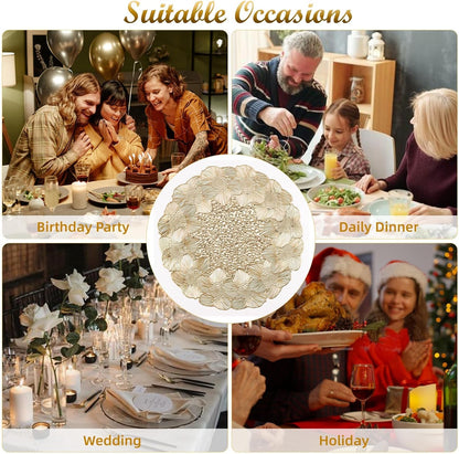 NALACAL Gold Round Placemats for Dining Table, Set of 6 Non-Slip Vinyl Mats, Washable Hollow Out Metallic Place Mats for Wedding Party Dining Table Kitchen Decorations