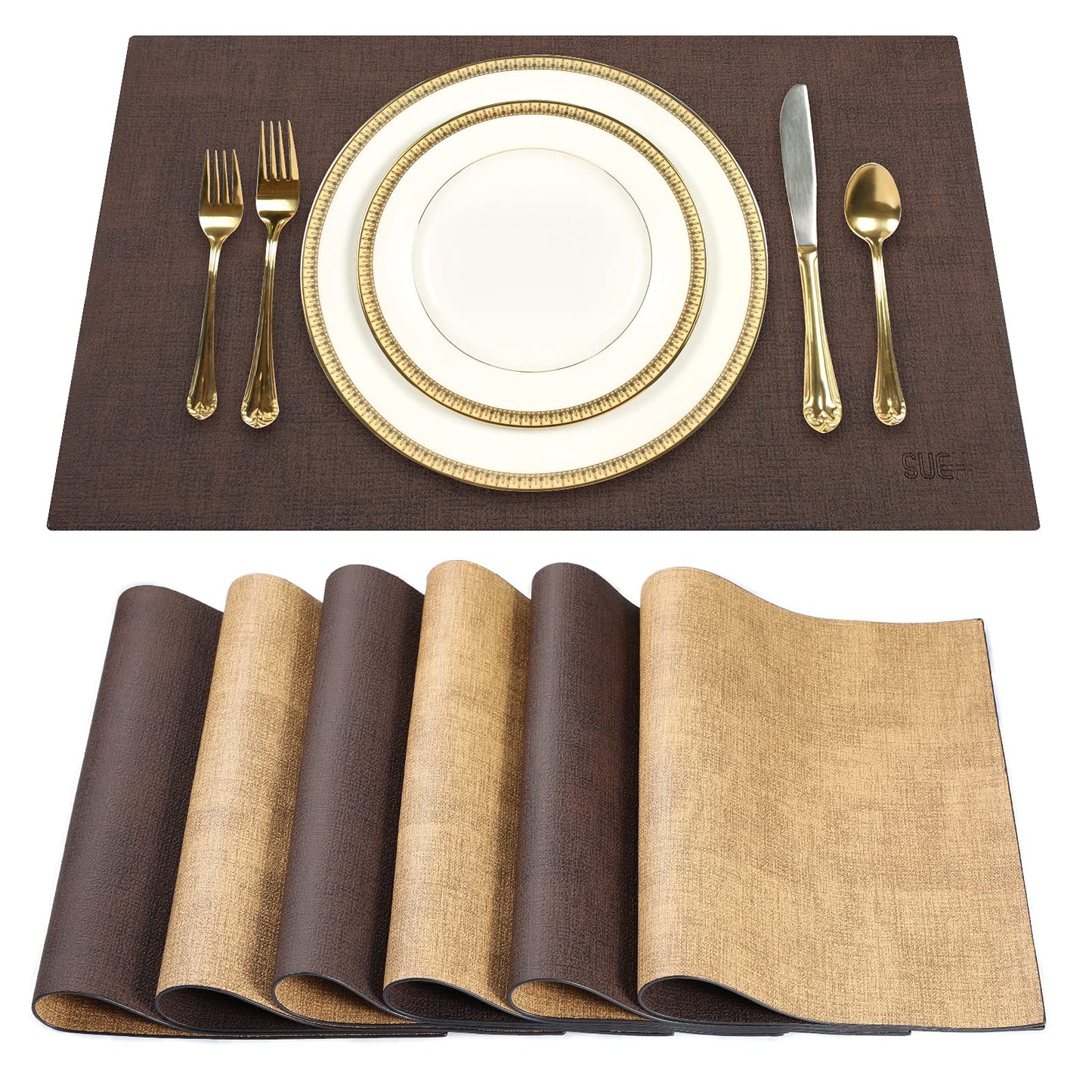 SUEH DESIGN Leather Placemats Set of 6 Reversible Table Mats Heat Resistant Waterproof Place Mats for Dining Table Kitchen Parties