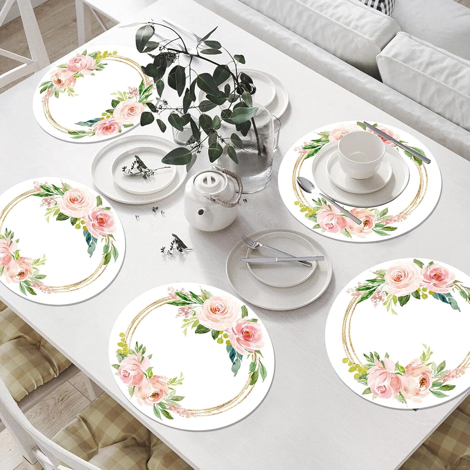 6 Pcs Pink Rose Floral Round Placemats, Washable Plastic Place Mats Spring Summer Floral Table Mats for Indoor Outdoor Kitchen Restaurant Party Wedding Anniversary Decoration(13.4 Inch)