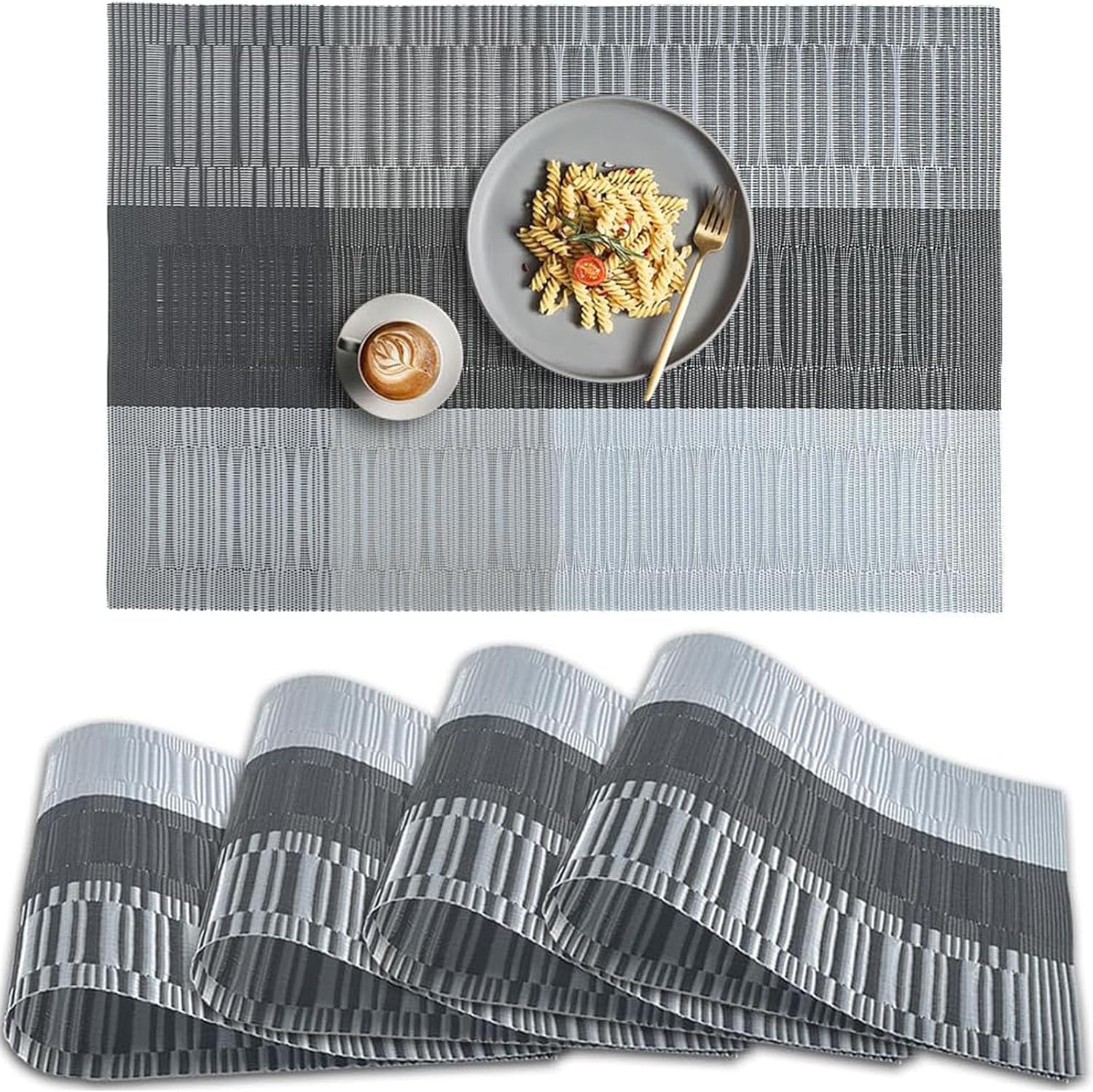 Gradient Black Dining Table Mat Set Of 4, Durable Heat-Resistant Washable Placemats Non-Slip Vinyl Woven Table Mats Wipeable Placemat For Kitchen Dining Table Decoration